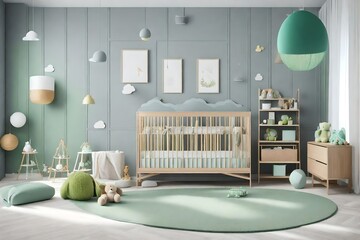 grey and green wall decoration modern baby room 