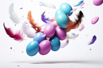 Easter eggs and feathers levitating - obrazy, fototapety, plakaty