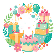 pastel colors frame with free place for text made from lot of birthday little cakes, candles, champagne