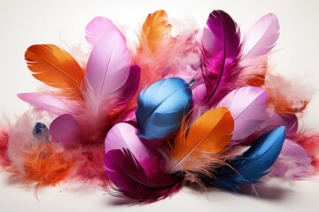 Easter eggs and feathers levitating - obrazy, fototapety, plakaty