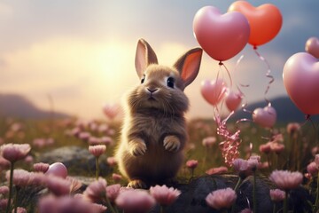 Rabbit with Easter eggs and balloons