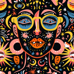 Sacred woman wild groovy boho illustration naive funky handdrawn style art seamless pattern