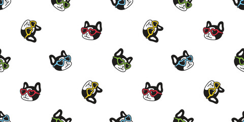 dog seamless pattern french bulldog heart sunglasses puppy vector pet doodle cartoon tile background gift wrapping paper repeat wallpaper illustration scarf isolated design - obrazy, fototapety, plakaty