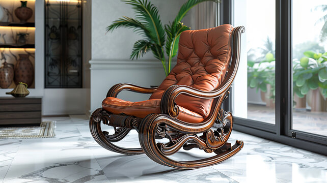Wooden rocking chair, classic comfort. 