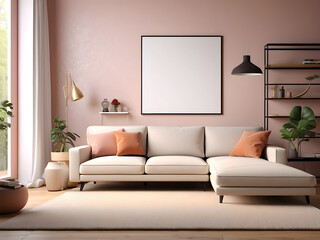AI-generated image of a contemporary living area including a plush sofa and an empty frame design.