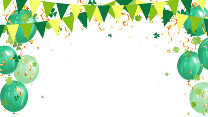 triangle pennants chain, confetti, green balloon and clover leaves for saint Patrick day - obrazy, fototapety, plakaty