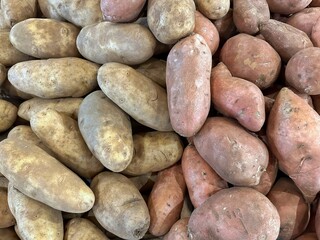 White potatoes and sweet potatoes displayed side by side 