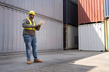 Middle east logistic worker foreman use walkie talkie and computer notebook working at container site	