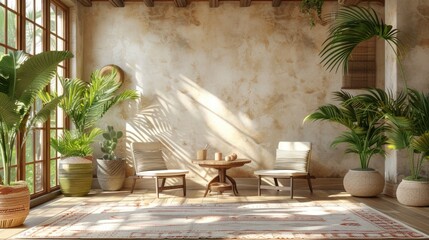 Modern room design for a summer holiday in light shades with palm trees in pots, two armchairs and a copy of the space on the wall