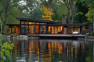 Fototapeta na wymiar Eco friendly prefab house on a serene lakeside showcasing sustainable design