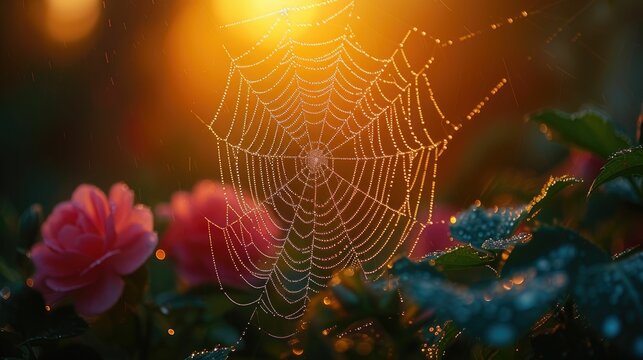 A delicate spider web is adorned with morning dew drops, interwoven between colorful flowers at sunrise.
