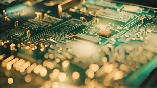 An up-close examination of a printed circuit board unveils the complex realm of transistors, capacitors, and resistors.