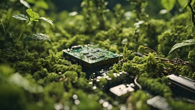Animation of a discarded printed circuit board, overgrown with moss and vines, reclaimed by nature.