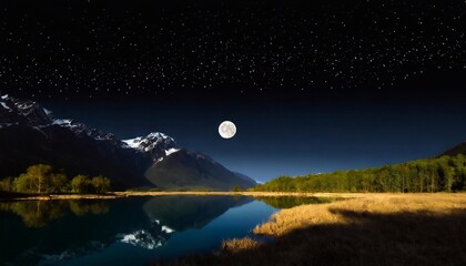 Fototapeta premium Mountain lake in the mountains at night with moon and stars.