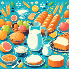 holiday fasting with a set of dairy products for Shavuot, Jewish Star of David,