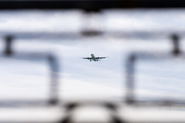 Airplane in frame. Passenger plane flying in the sky