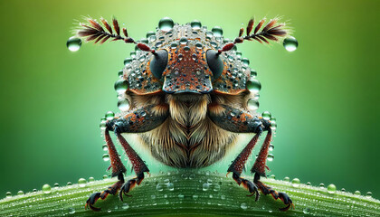 High-detail macro photo of a fly's head covered in dewdrops, featuring prominent eyes and fine hairs against a smooth green gradient background.Close-up concept.AI generated.