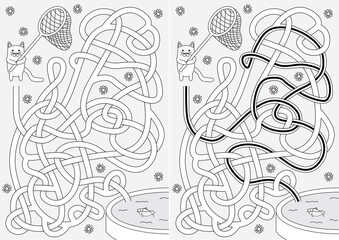 Little cat maze for kids with a solution in black and white