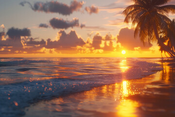 At sunset, a tropical island beach transforms into a breathtaking and idyllic scene, captivating with its beauty and tranquility