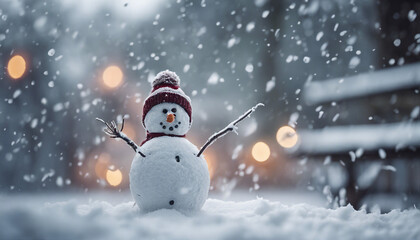 Snowman made in the garden under heavy snowfall, copy space for text

