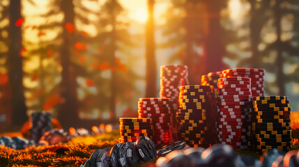 Close up of the casino chip at forest background, Illustration - obrazy, fototapety, plakaty