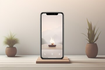 Naklejka na ściany i meble Smartphone with burning candle on a wooden shelf screen background. 3d rendering. Smartphone screen, Natural background. Digital Visualize scenario.