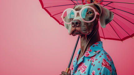 glamorous fashion photo of an anthropomorphic WEIMARANER dog wearing high fashion blouses with dog patterns printed on it, wearing round fashion glasses - obrazy, fototapety, plakaty