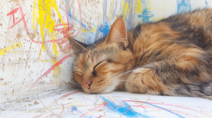 Sleeping cat against wall painted by preschooler