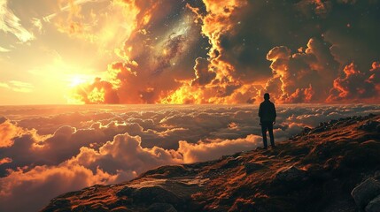 The image features a landscape immersed in an ethereal atmosphere with a person standing on a rocky outcrop, observing a breathtaking view. The sky is a dramatic blend of golden and red hues due to th