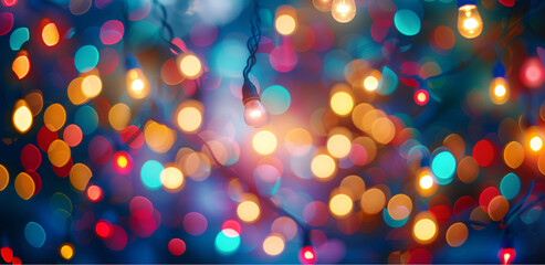 Backgrund bokeh colorful party and retro string lights. Abstract background with bokeh