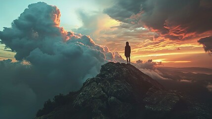 A silhouette of a person stands atop a rugged mountain peak. The individual faces a dramatic sky, illuminated by the warm hues of sunset with clouds colored in deep shades of orange, pink, and purple.