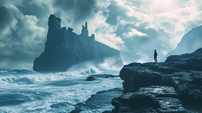 The image shows a dramatic coastal seascape under a moody, cloud-filled sky. A person stands on a rocky outcrop in the foreground, gazing into the distance. Their silhouette is dark against the bright