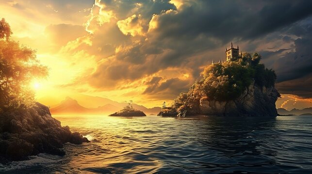 The image features a dramatic seascape at sunset with golden sunlight piercing through the clouds and casting a warm glow on the water. A rugged island takes center stage, topped with a Gothic-style a