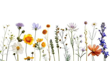 pressed wildflowers arranged on a line white background - obrazy, fototapety, plakaty