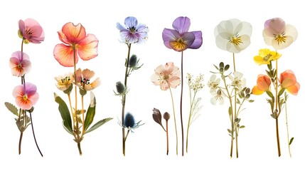 pressed wildflowers arranged on a line white background - obrazy, fototapety, plakaty