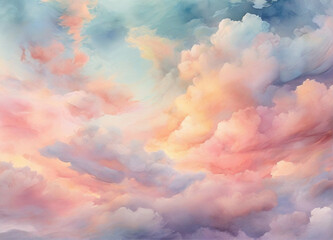watercolor pastel sky cloud background, abstract sunset sky with puffy clouds, Abstract painting banner, - obrazy, fototapety, plakaty