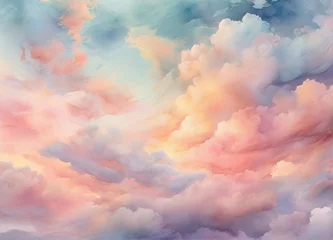 Poster watercolor pastel sky cloud background, abstract sunset sky with puffy clouds, Abstract painting banner, © Amanda studio
