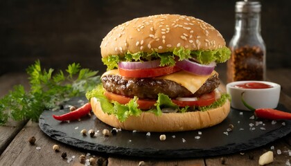 Hamburger with cheese on wooden background 