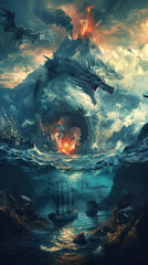 Beneath the sea a dragon circles a volcano near an ancient underwater city a warship above prepares for an epic confrontation