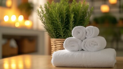 Stack of white towels on the wooden table
