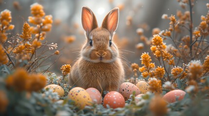Fototapeta na wymiar Easter Bunny Amidst Colorful Eggs and Blooming Spring Flowers