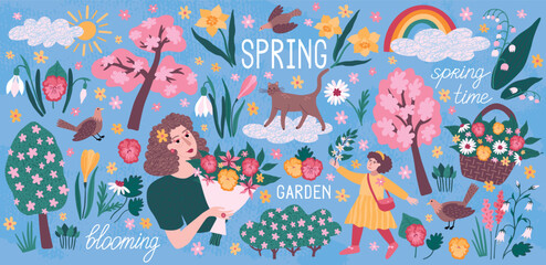 Flower pattern. Spring floral plants, cute simple tulip leaf for easter garden, summer nature bouquet. Cute beautiful woman hold flowers. Cartoon isolated illustration. Vector abstract clipart