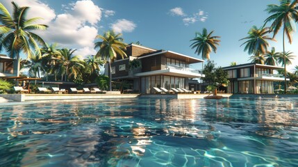 Fototapeta premium A luxurious tropical resort with modern villas, palm trees, and a sparkling swimming pool under a clear, sunny sky.