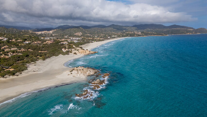 Aerial image of the sea of ​​Sardinia, Villasimius.
Crystal clear sea and clouds