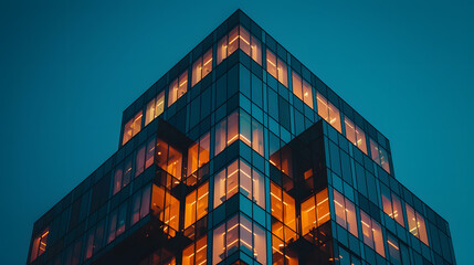 A towering office building at twilight its windows aglow as the day transitions to night. - obrazy, fototapety, plakaty