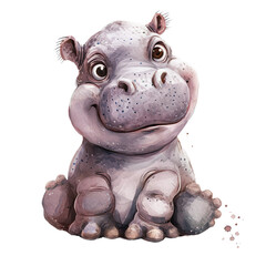 Baby Hippo Watercolor Illustration Transparent Background