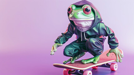 Obraz premium Modern funny frog in a baseball cap rolls on a skateboard in a dynamic pose. Symbol of the day in a leap year, celebrating the event of the frog jump on February 29
