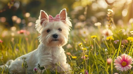 realistic shot of a westie girl with a pink bow in hair on the meadow - obrazy, fototapety, plakaty