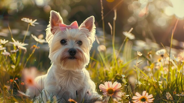 realistic shot of a westie girl with a pink bow in hair on the meadow