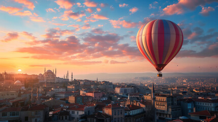 Fototapeta na wymiar hot air balloon floating above a colorful eastern cityscape at sunset